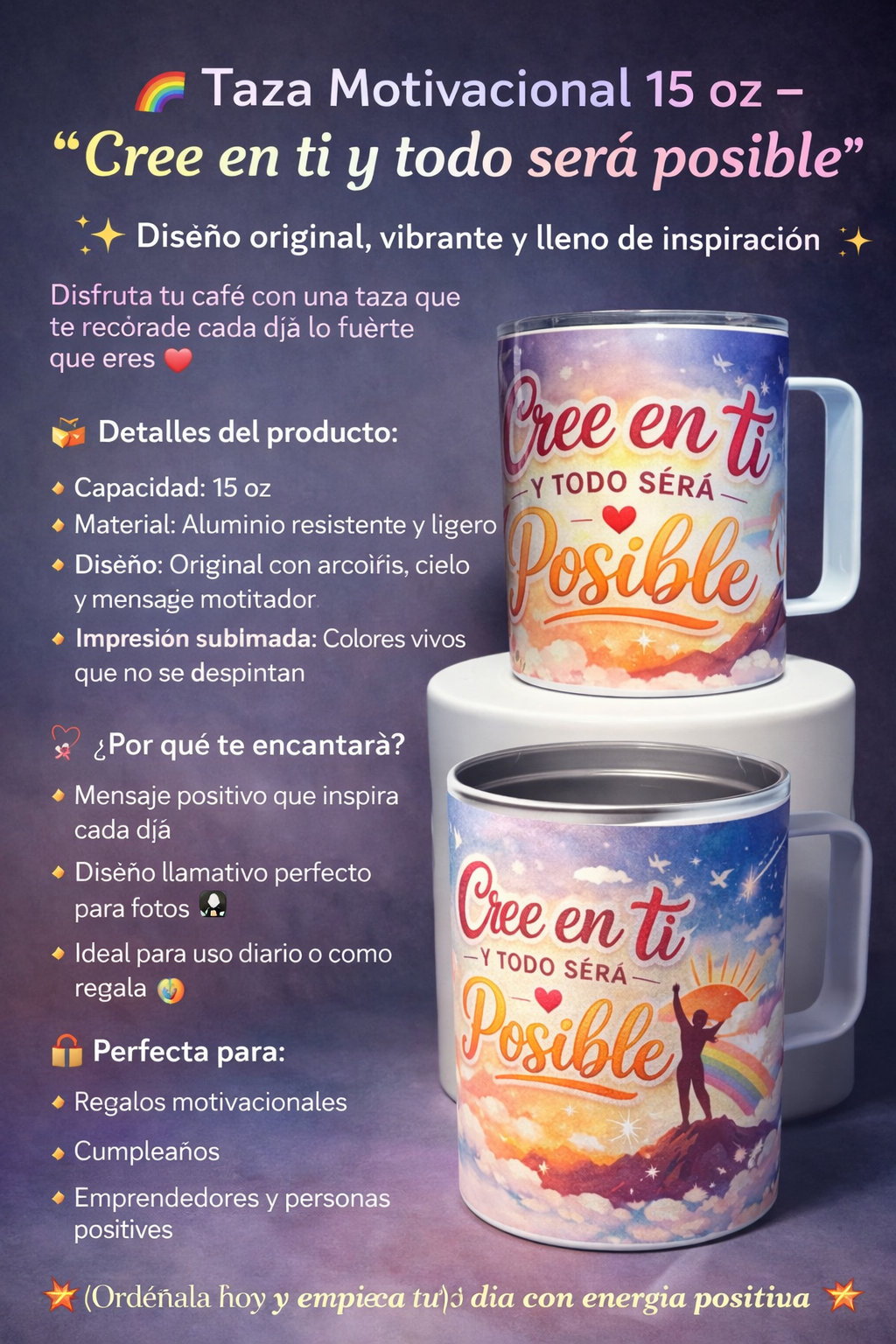 Taza de Aluminio con tapadera y  con una frase motivadora y lindo diseño