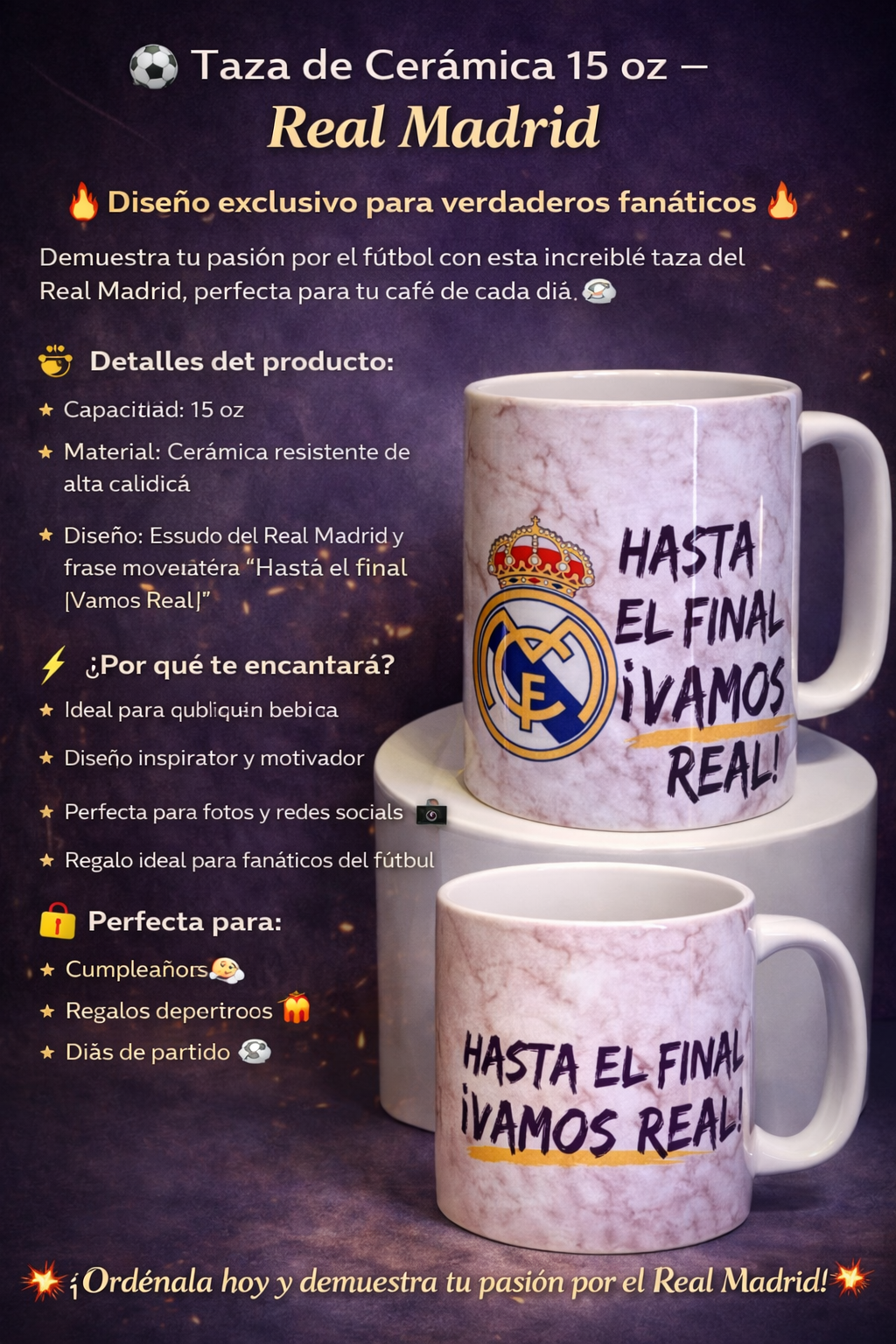 Taza de Cerámica del Real Madrid con la frase Hasta El Final Vamos Real .