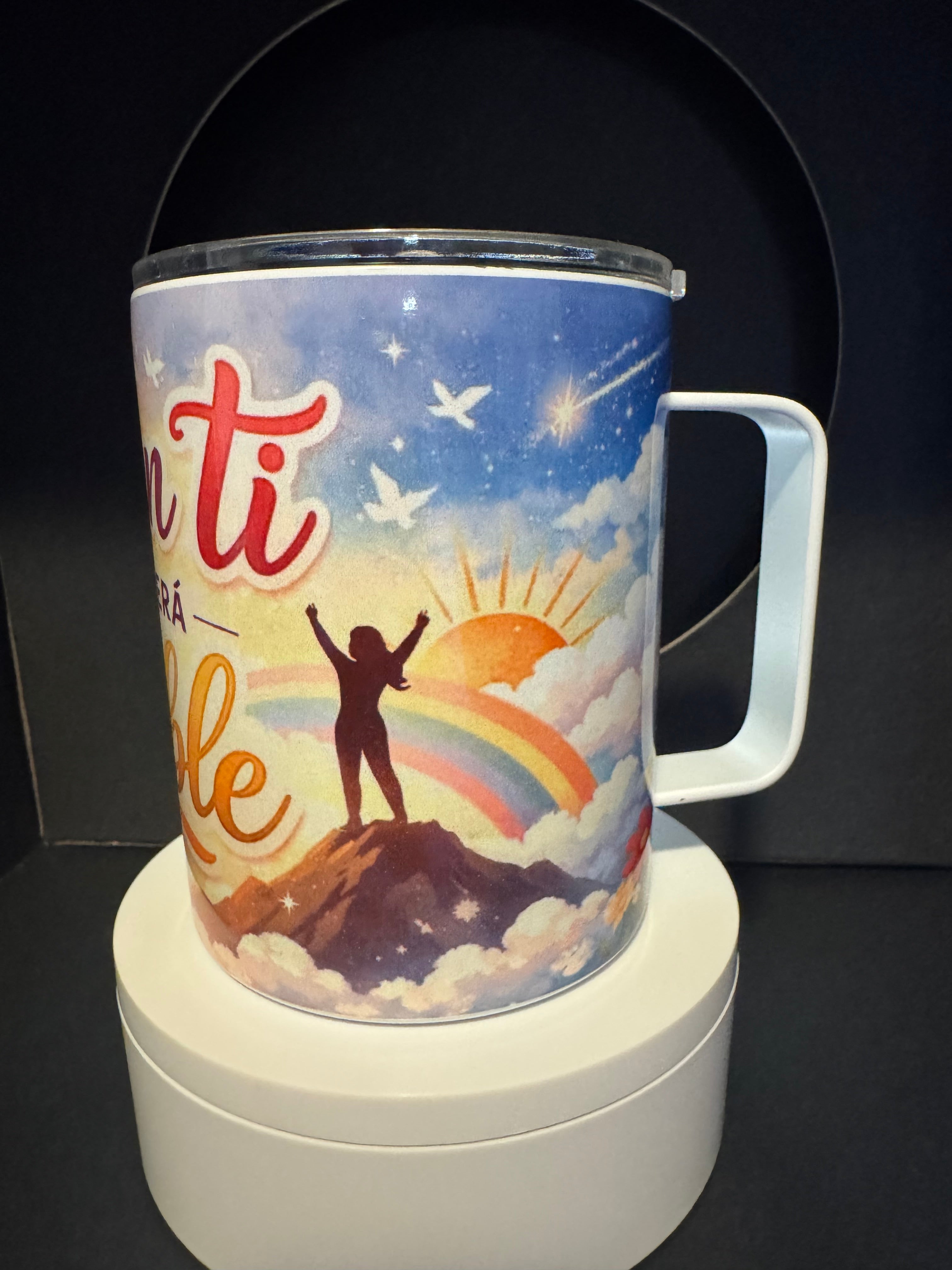 Taza de Aluminio con tapadera y  con una frase motivadora y lindo diseño